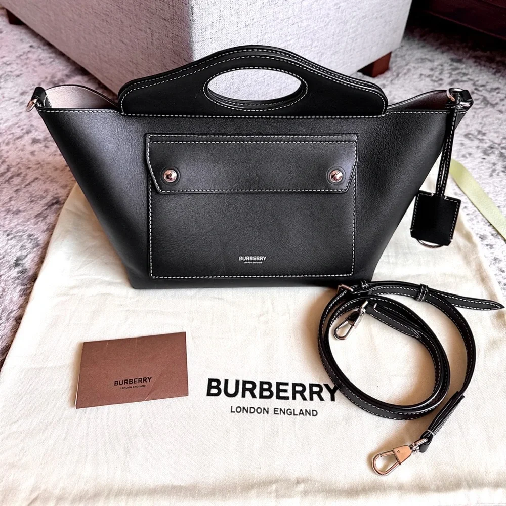 SOLD❗️❗️FIRM! Burberry Black Leather Soft Pocket Top Handle Crossbody Stitch - Picture 2 of 16